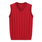 无袖 坎肩本命年外穿毛线马夹 毛背心中国红色男毛衣马甲v领针织衫