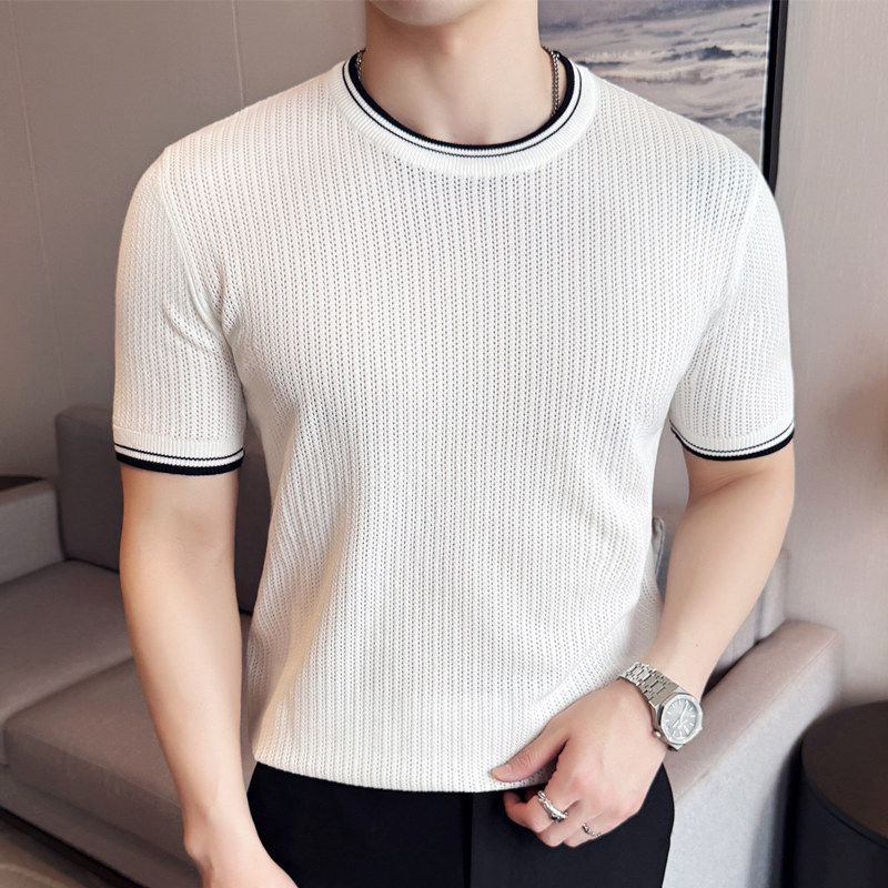 夏季镂空冰丝针织短袖t恤男拼色薄款打底衫透气撞色圆领修身体恤