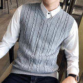 秋冬麻花毛线背心v领男加厚加绒无袖 针织毛衣马甲毛衫 马夹毛坎肩
