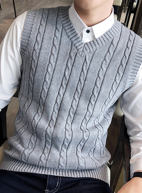 秋冬麻花毛线背心v领男加厚加绒无袖针织毛衣马甲毛衫马夹毛坎肩