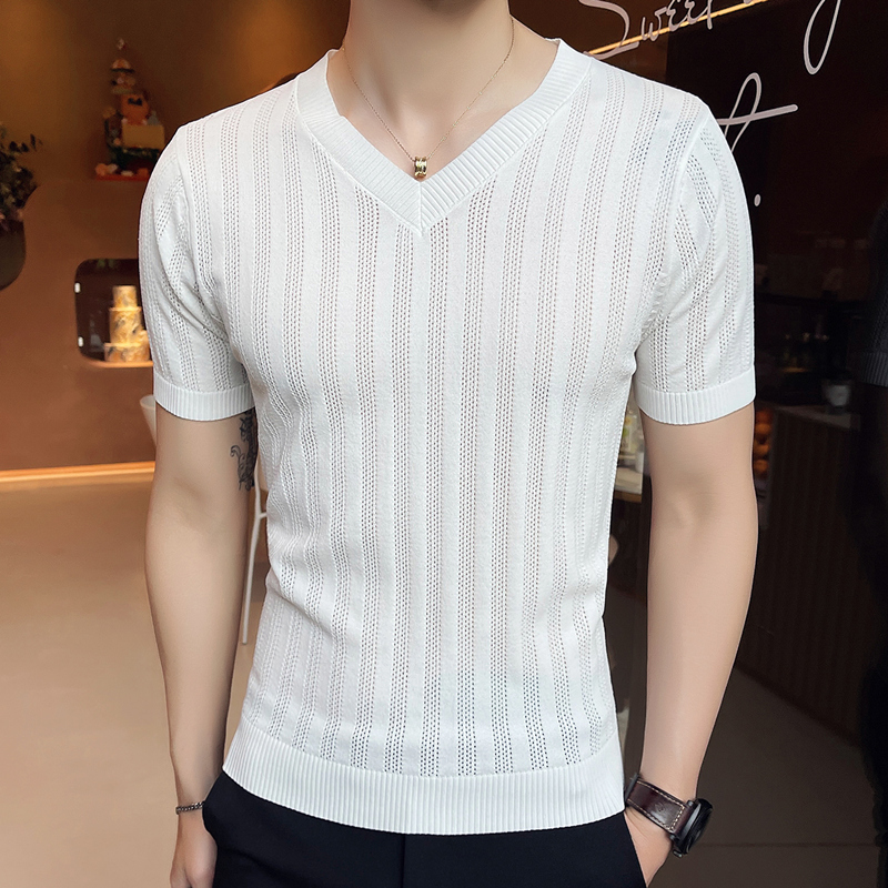 新款镂空冰丝短袖t恤男大码夏季半袖针织体恤薄款打底衫上衣服