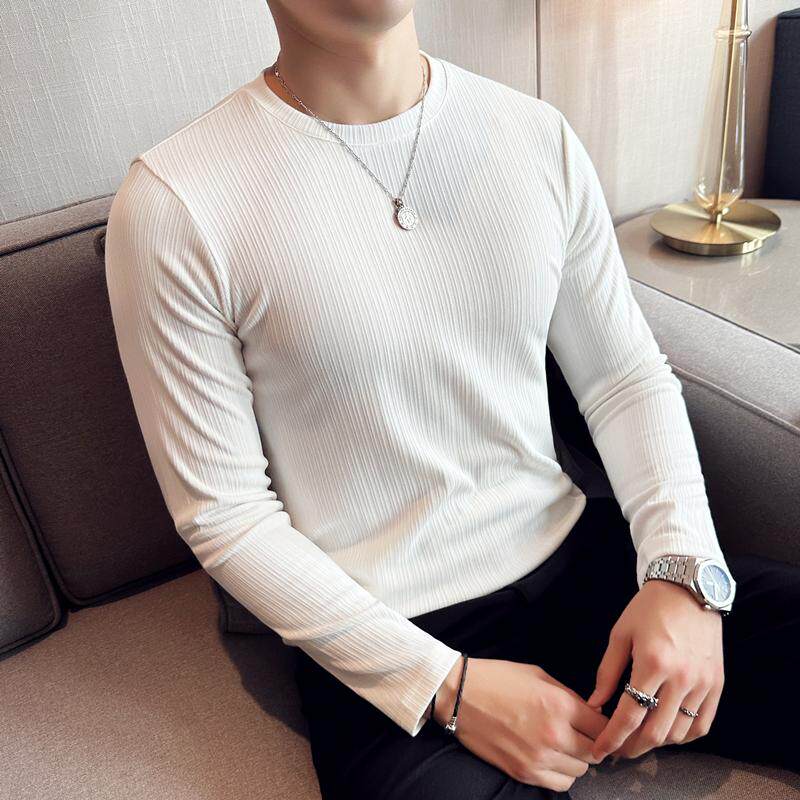 高级感长袖T恤男条纹圆领弹力性打底衫青年修身纯色针织体恤上衣