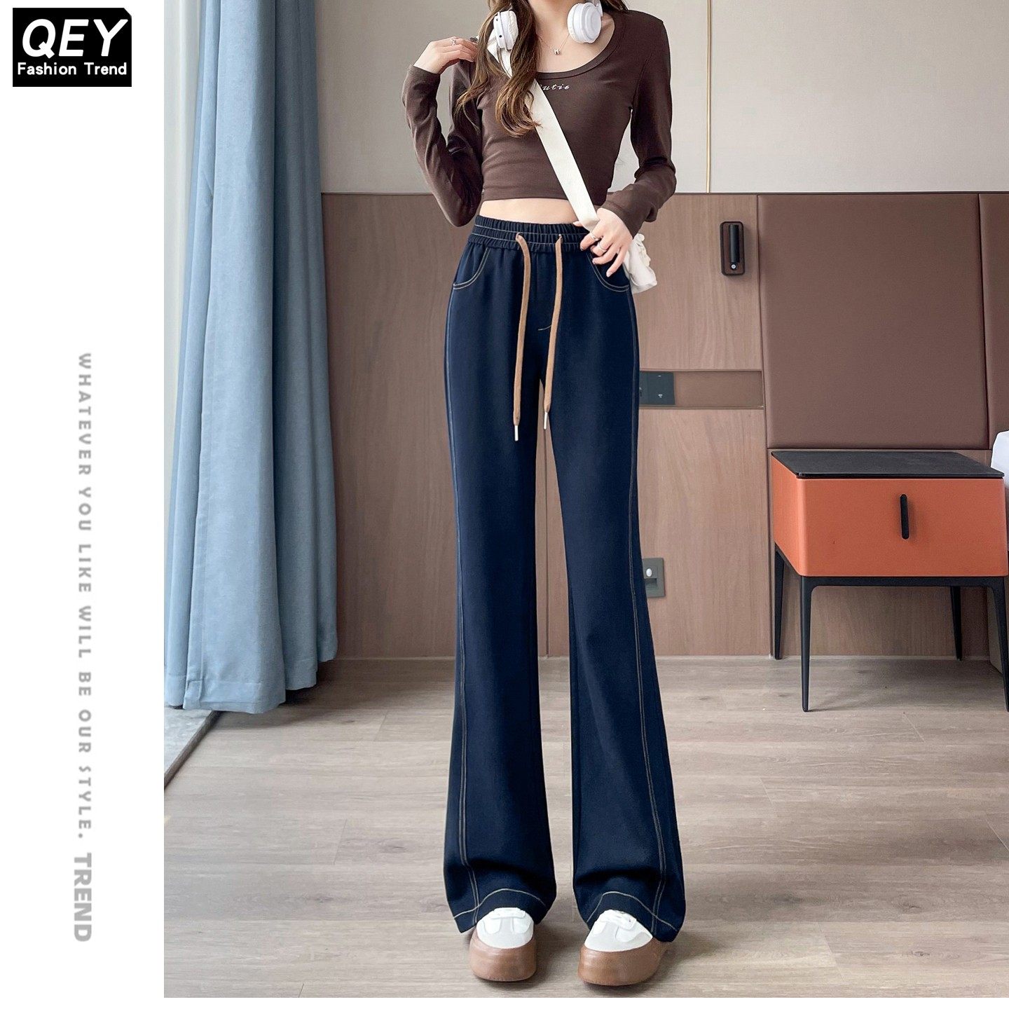 松紧腰抽绳微喇叭牛仔裤女高腰显瘦宽松直筒阔腿裤女垂感喇叭裤女,女装/女士精品,牛仔裤,淘宝优惠券,粉丝福利购,淘宝优惠卷