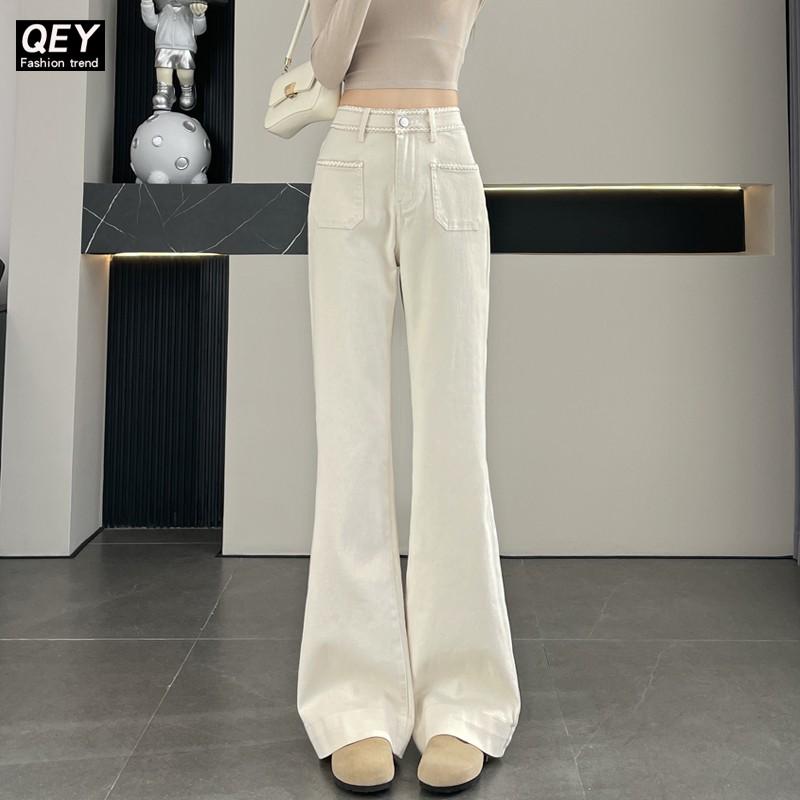 米白色牛仔喇叭裤女阔腿微喇马蹄