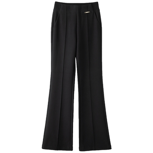 黑色显瘦微喇叭休闲裤女小个子加绒加厚松紧腰褶皱中缝喇叭裤直筒