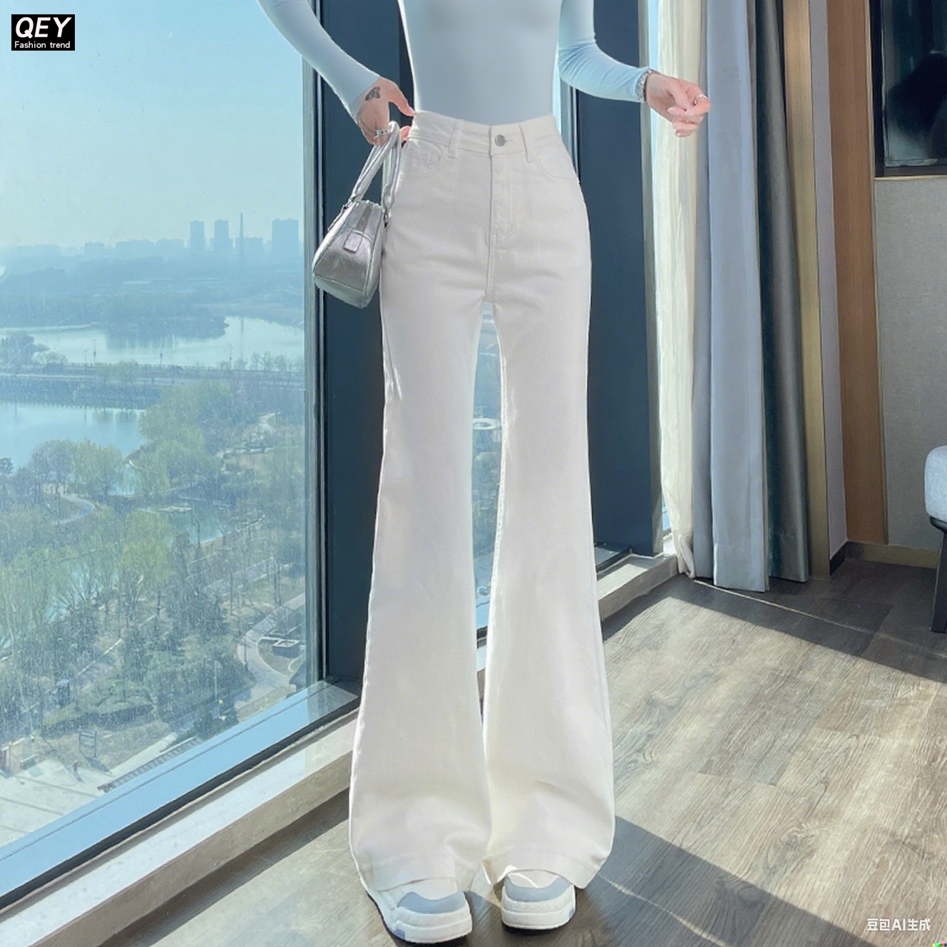白色微喇牛仔裤女修身显瘦