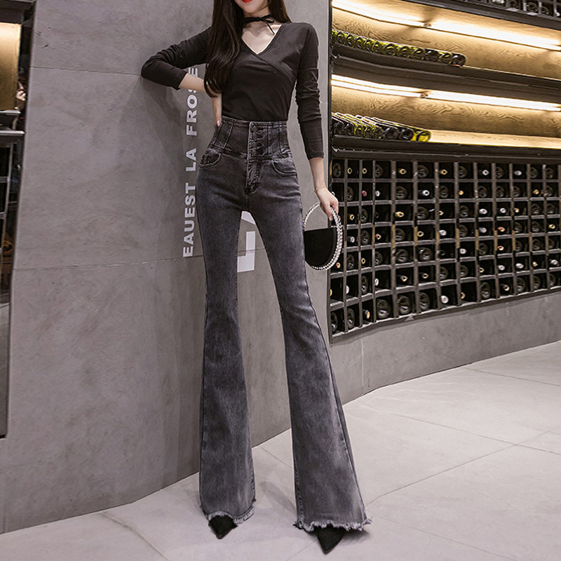 高腰收腹喇叭牛仔裤女加长版秋款显瘦紧身毛边弹力纯黑色微喇长裤