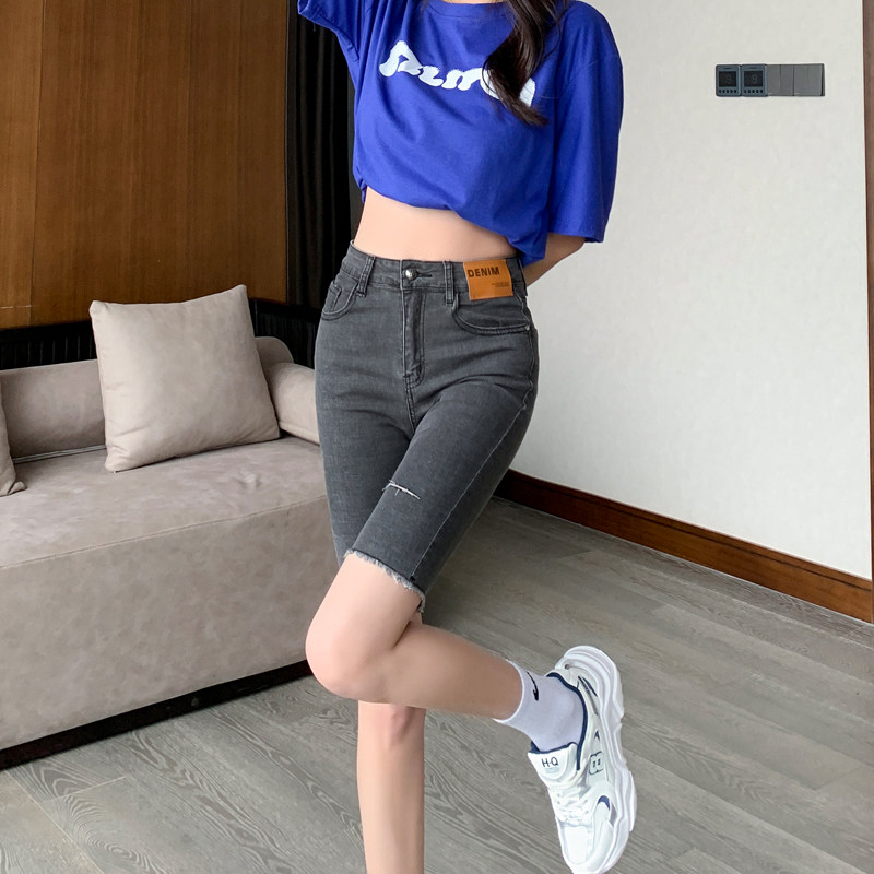 牛仔五分裤短裤女夏季高腰破洞骑行5分裤修身直筒紧身显瘦中裤子