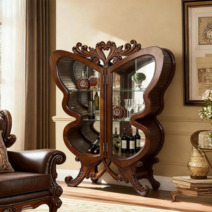 美式实木酒柜装饰柜餐边柜双门靠墙 欧式客厅高档艺术造型展示柜