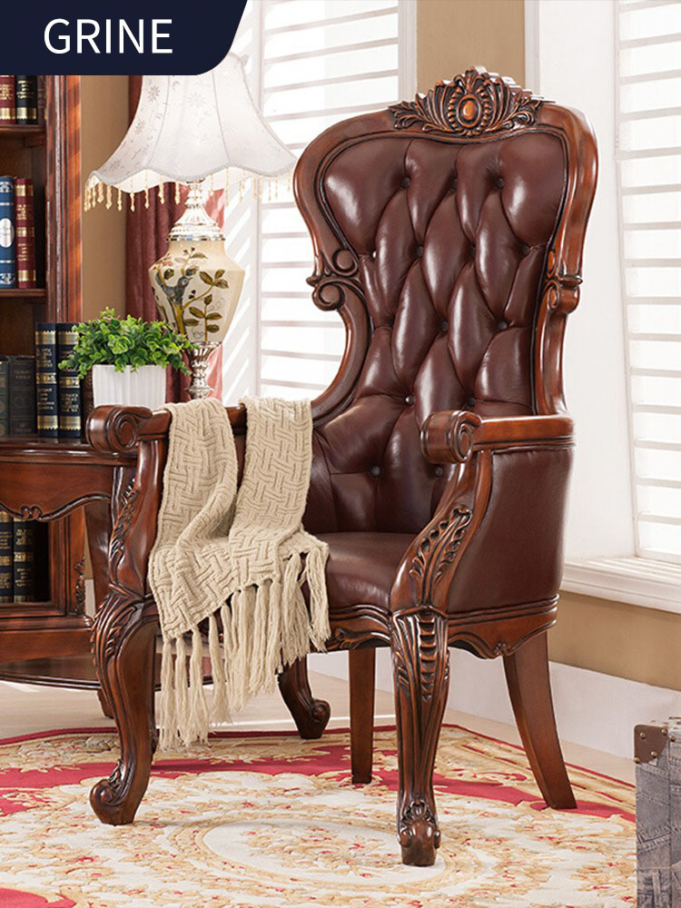 美式全实木真皮休闲椅子欧式复古洽谈椅沙发椅书椅办公家用电脑椅