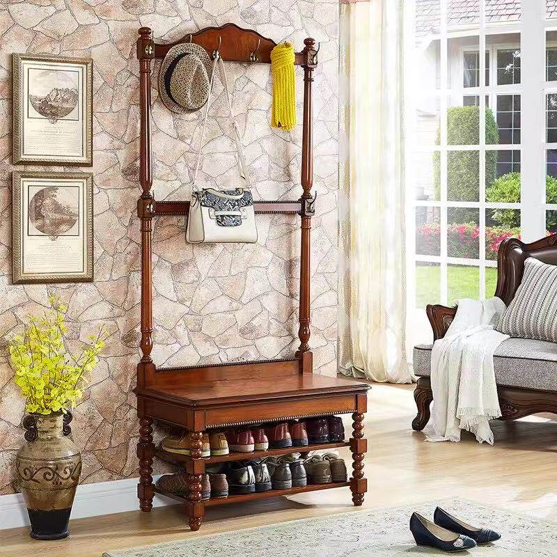 欧式实木衣帽架创意 美式卧室挂衣架落地衣架换鞋凳门厅置物架