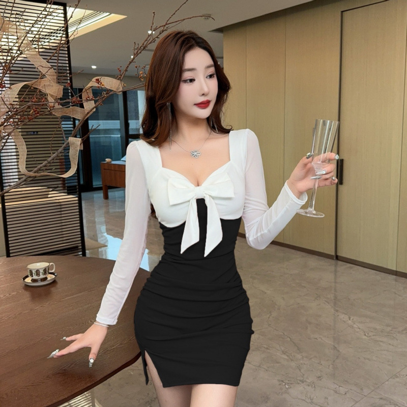 新款9495夜场上班衣服气质收腰显瘦包臀裙子女网纱拼接开叉