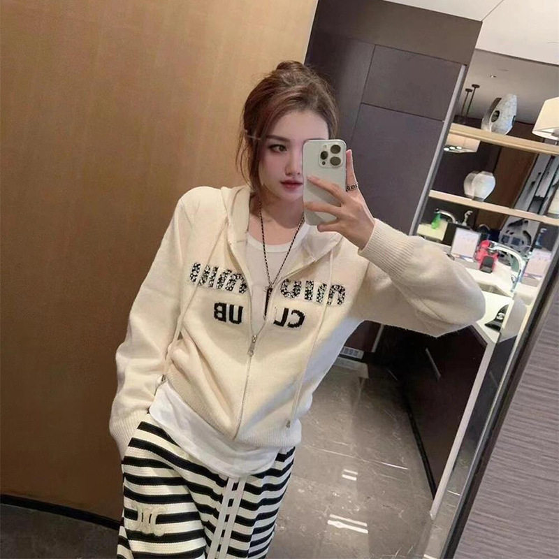 秋冬字母刺绣镶钻连帽拉链针织衫上衣新款时尚慵懒宽松毛衣外套