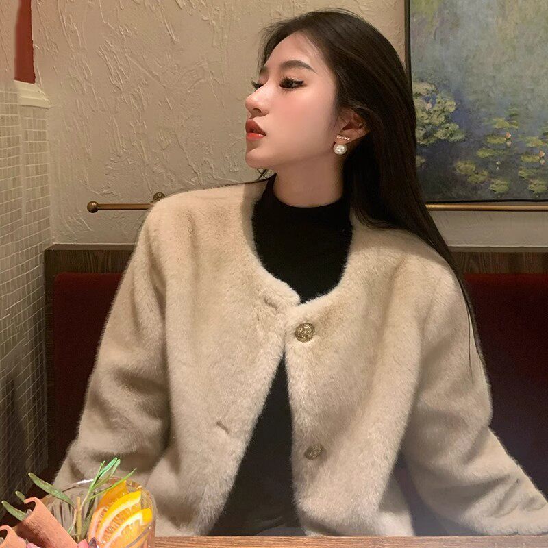 冬季新款貂皮短款圆领小香风水貂毛绒皮毛毛外套女上衣批发