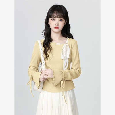 黄色蝴蝶结系带长袖T恤女