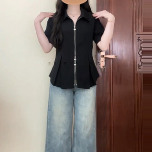 女夏季 大码 衬衫 法式 微胖mm显瘦设计感独特气质上衣 双拉链翻领短袖