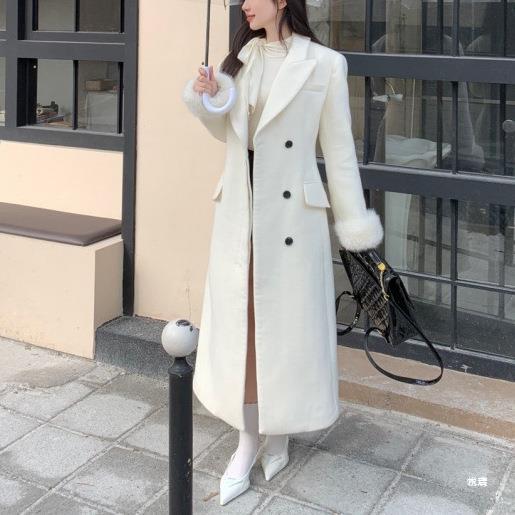 法式名媛气质过膝中长款呢子大衣女秋冬季毛毛袖套感毛呢直销