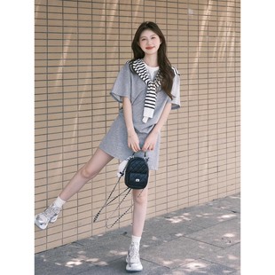 韩系学院感运动休闲套装 短裙两件套 女夏季 学生显瘦宽松假两件短袖