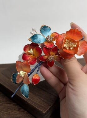非遗手作绒花霞橙朱红湖蓝花枝造型复古端庄大气立体花朵日常发饰
