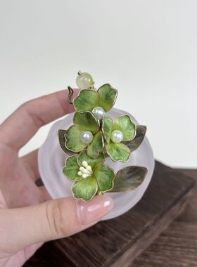 绒花发夹茶青花瓣手作掐丝工艺素雅恬静温柔日常通勤头饰配饰