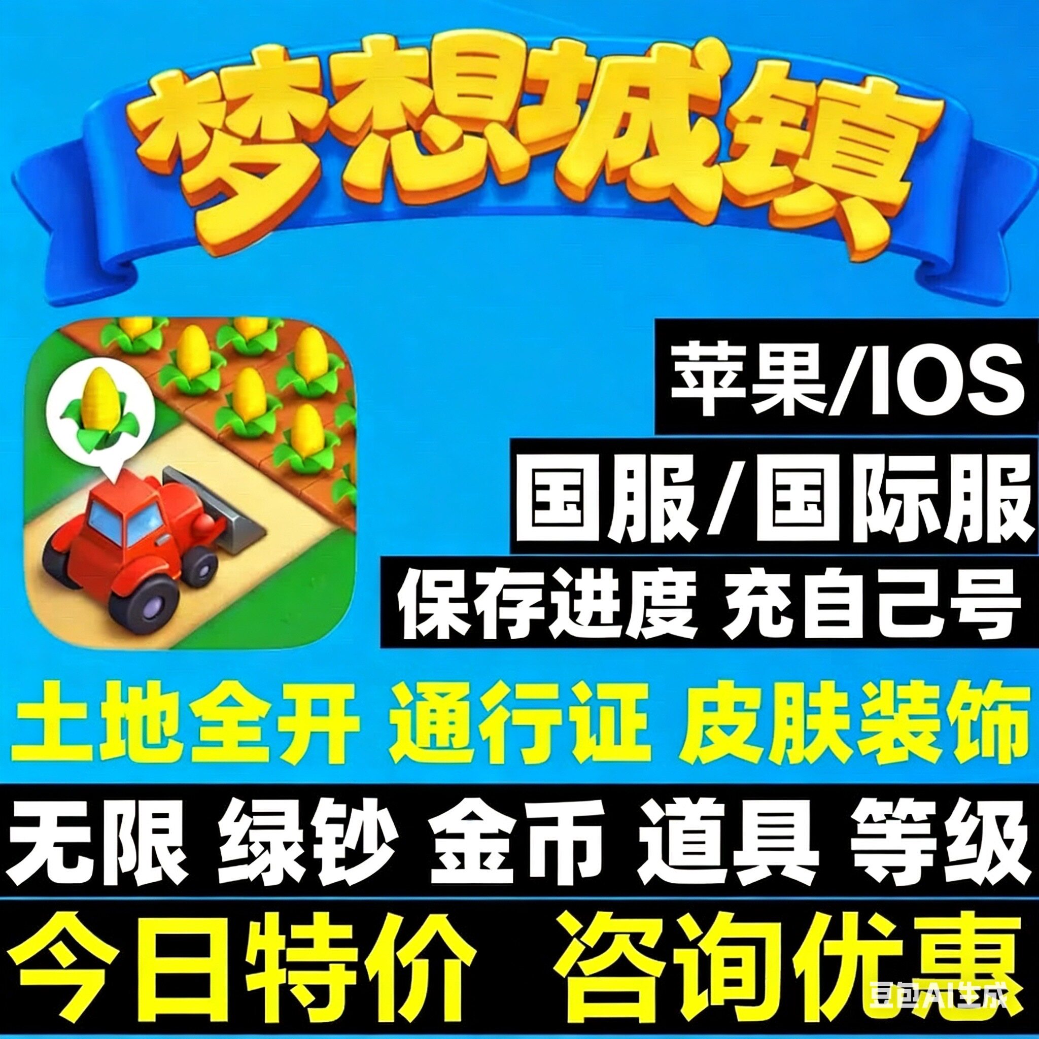 梦想城镇无限绿钞 小镇金币 工具 黄金券 土地全开 皮肤装饰ios