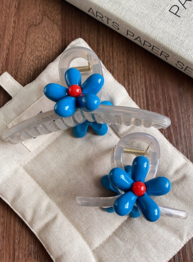 韩系蓝色小花盘发抓夹后脑勺气质百搭中号抓夹头饰新款鲨鱼夹发饰