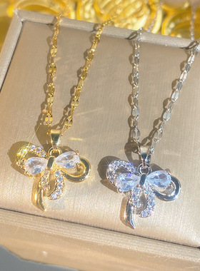 新款小众蝴蝶结水钻女锁骨链