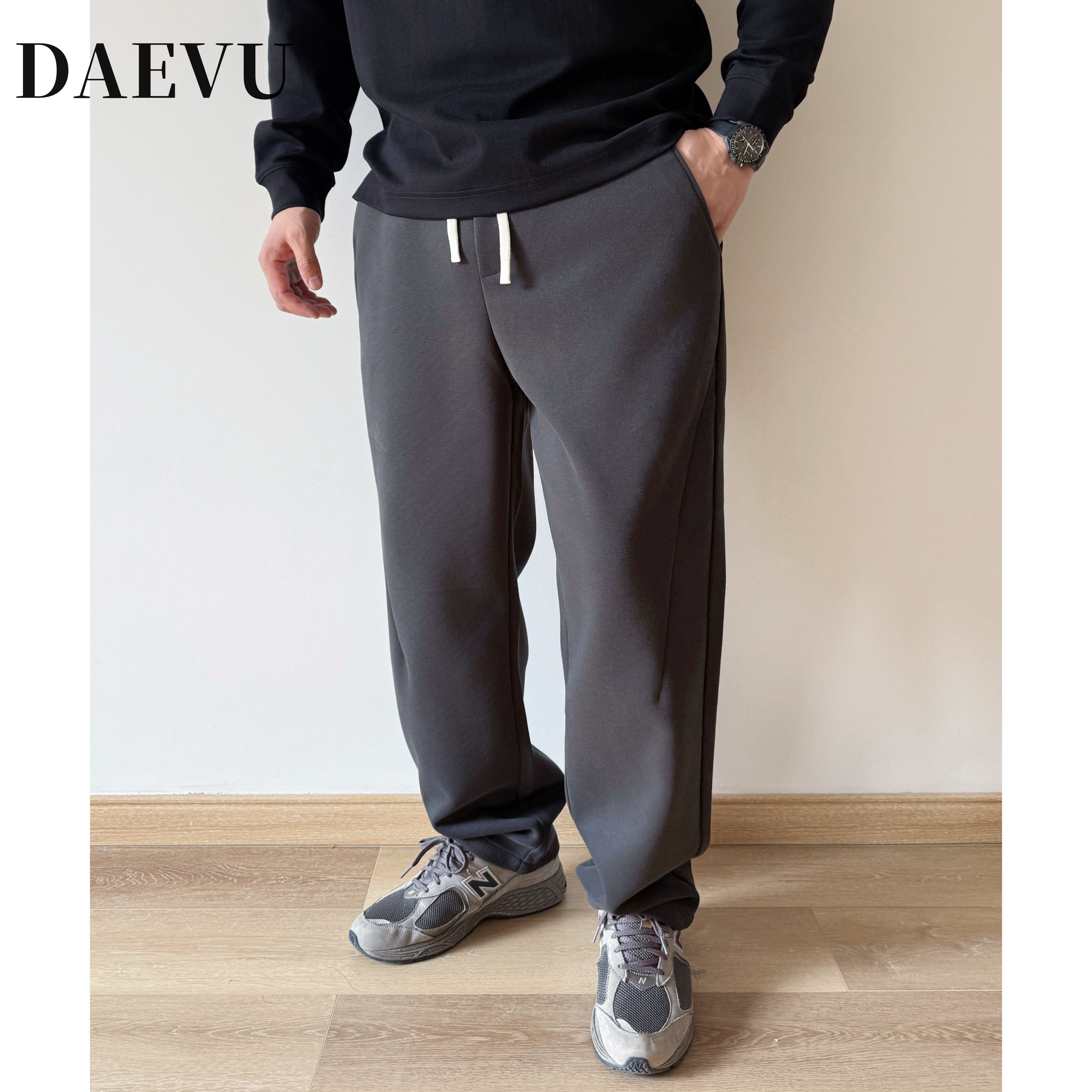 DAEVU大码男装春秋新款炭灰宽松直筒运动裤加肥加大男士休闲卫裤
