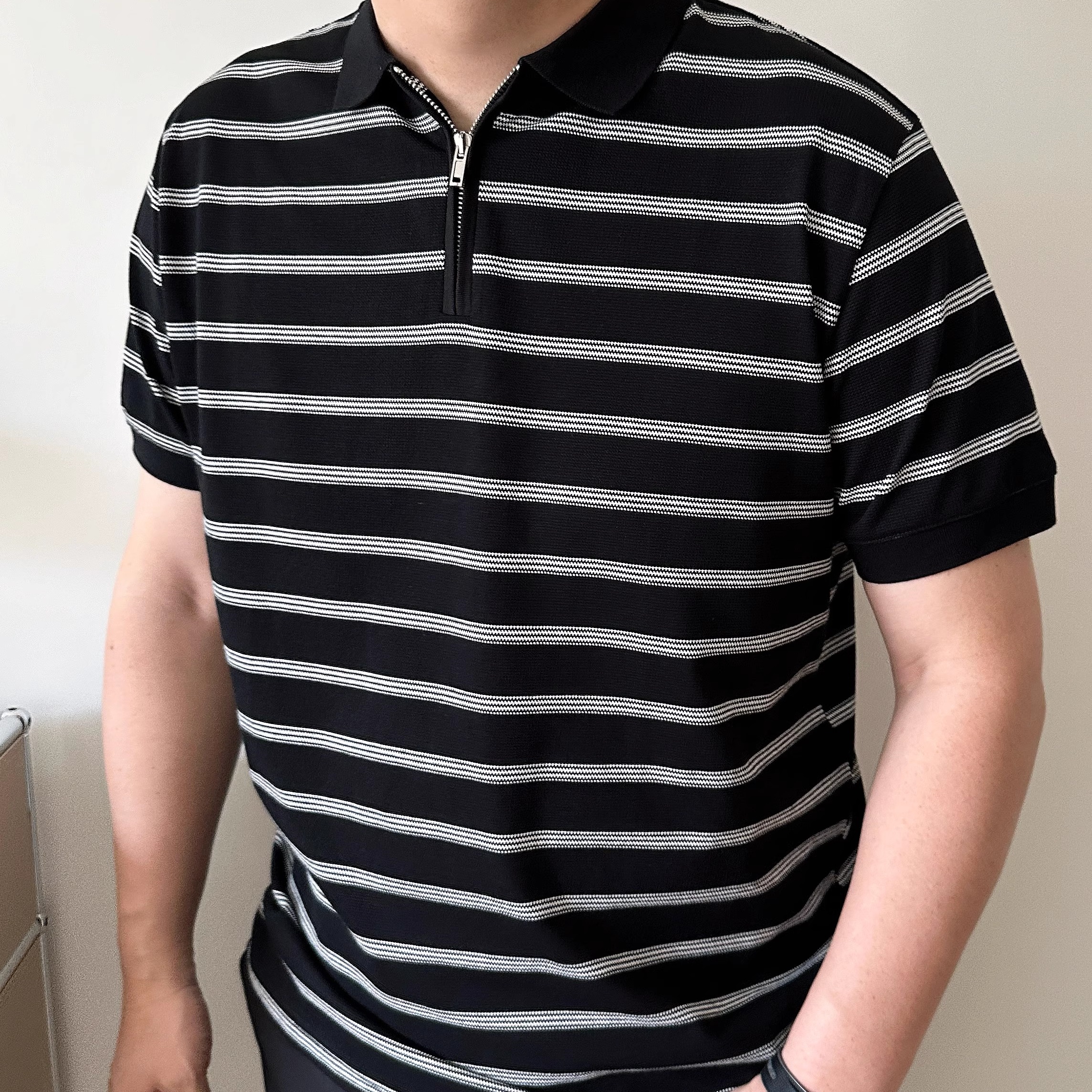 大依无忧条纹半拉链短袖polo衫