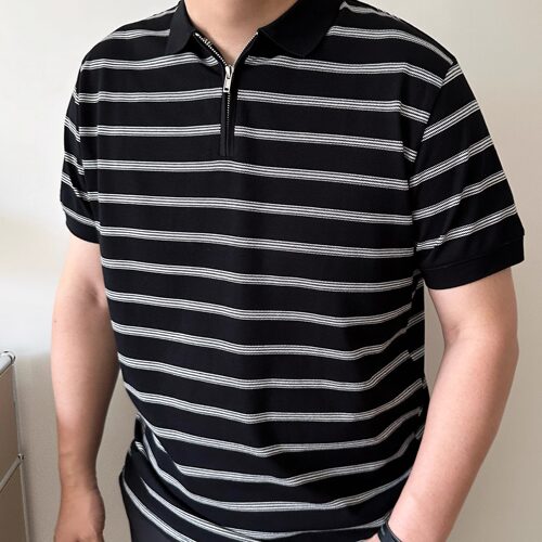 大依无忧条纹半拉链短袖polo衫