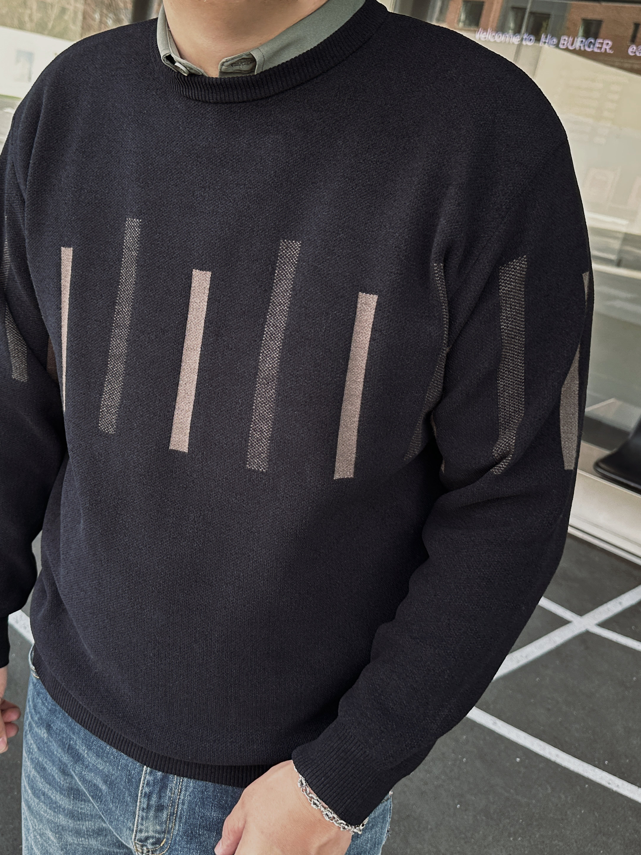 DAEVU冬季新款韩系假两件潮胖加肥加大码男士长袖衬衫领针织毛衣