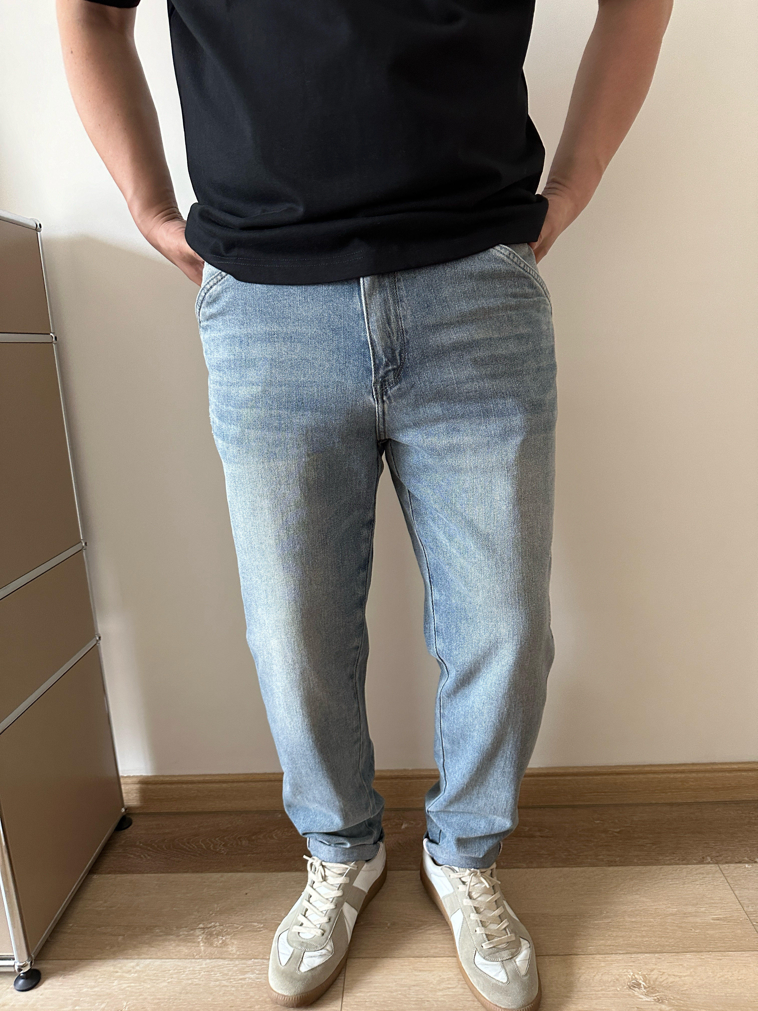 DAEVU春夏新款淡蓝薄料大号潮胖子弹力小脚加肥加大码男士牛仔裤