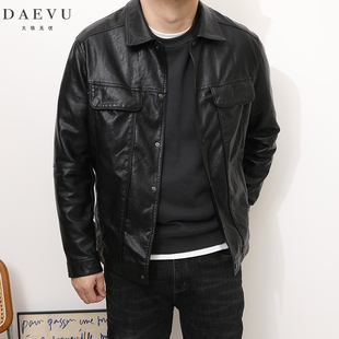翻领PU夹克皮衣 DAEVU春秋新款 帅气潮胖子大号加肥加大码 男士 短款