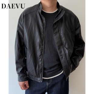 DAEVU大依无忧大码男装春秋季胖人宽松立领皮衣 男士PU夹克外套