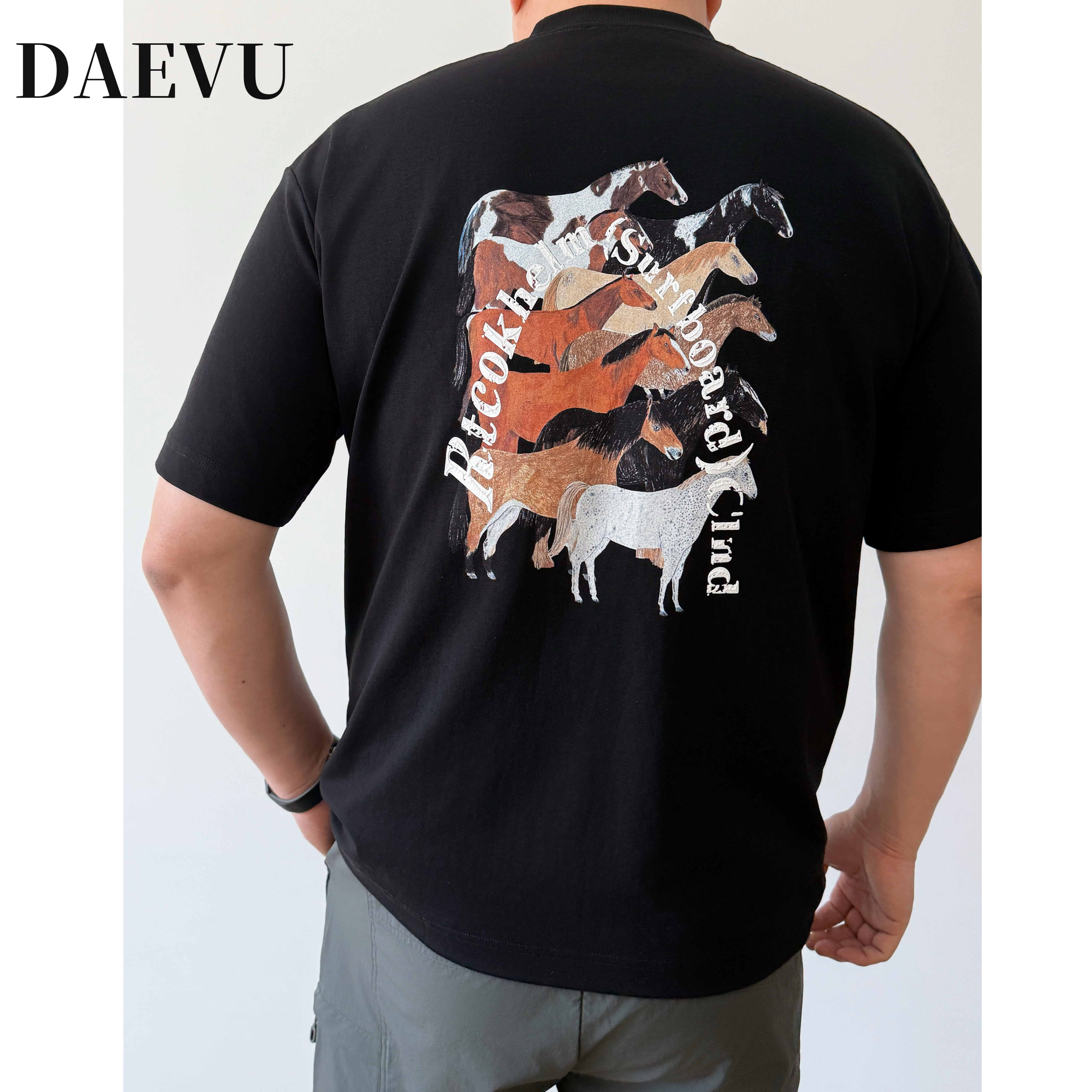 DAEVU大码男装夏季西部马美式胖子加肥加大男士圆领短袖T恤半袖