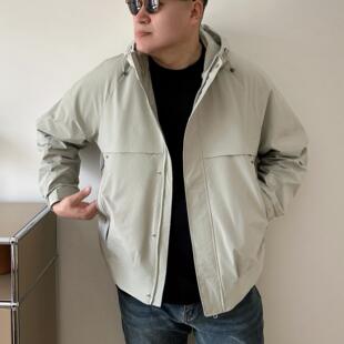 DAEVU大码男装春季廓版风衣浅灰色胖子加肥加大男款连帽夹克外套