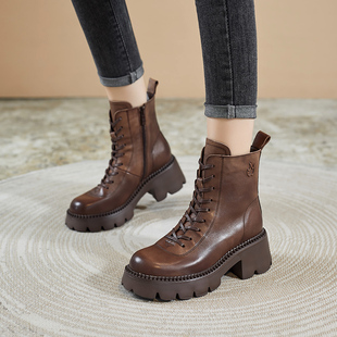头层牛皮马丁靴女2024秋冬真皮系带单靴厚底中筒靴子加绒粗跟短靴