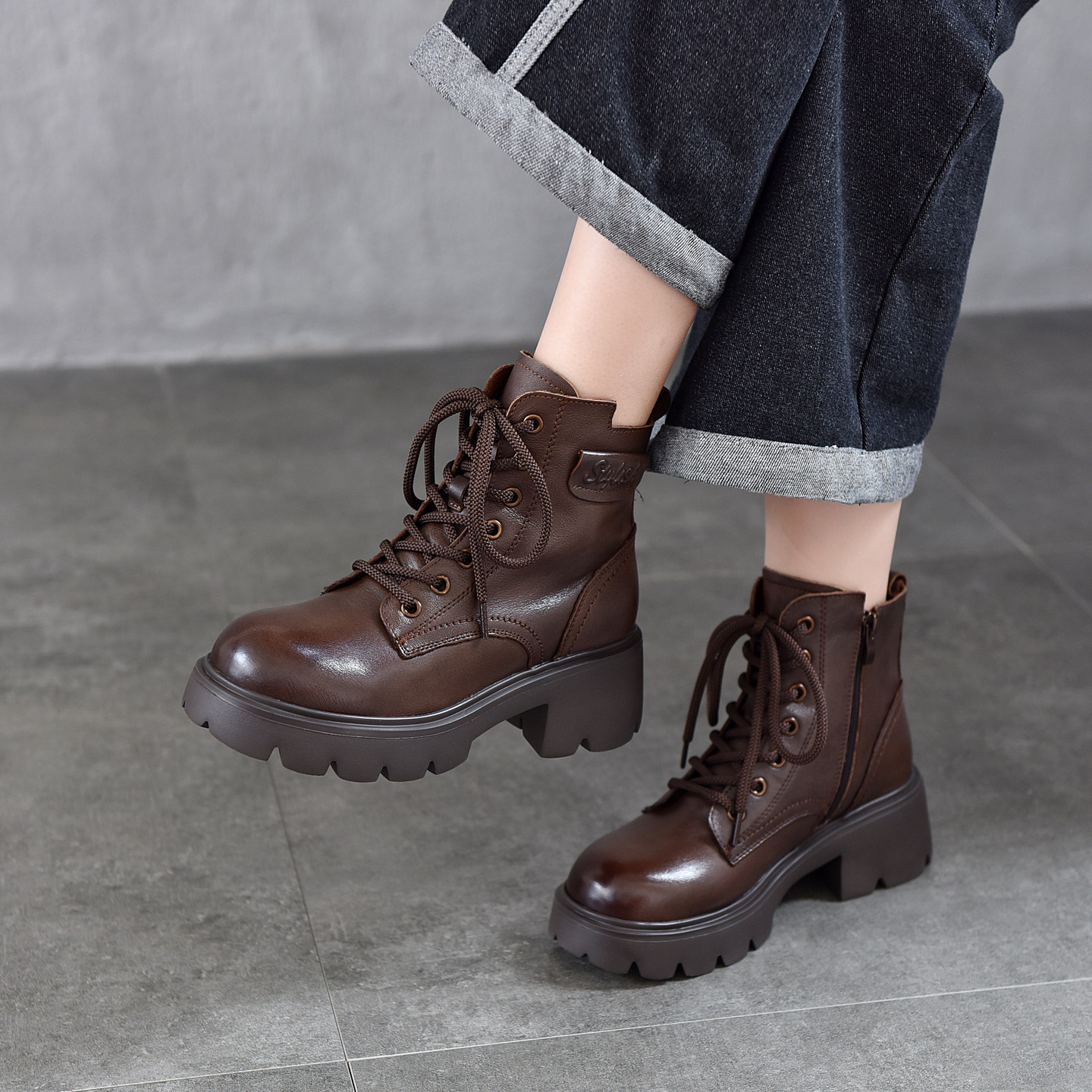 头层牛皮松糕厚底马丁靴女2025秋冬新款真皮系带短靴侧拉链女靴子,女鞋,马丁靴,淘宝优惠券,粉丝福利购,淘宝优惠卷