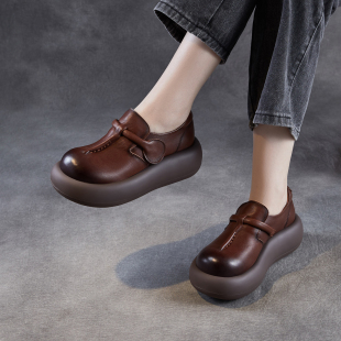2025春秋款头层牛皮大头皮鞋女真皮增高厚底松糕女鞋轻便复古单鞋