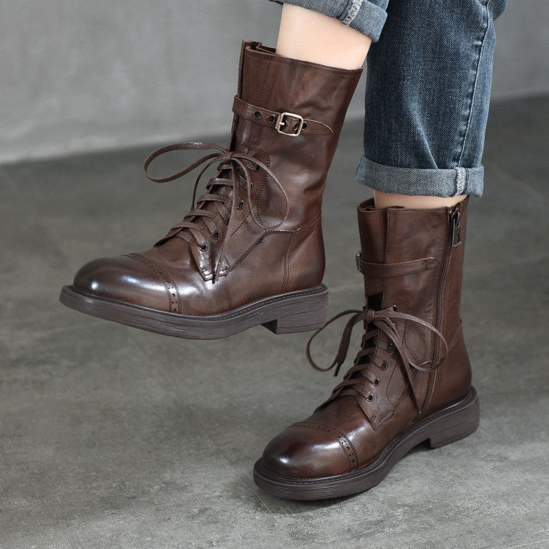 水洗头层小牛皮系带马丁靴女款中跟中筒靴2024秋冬新款真皮女靴子