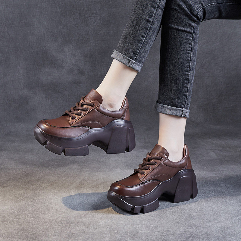 头层牛皮增高单鞋女2025春秋新款松糕厚底系带真皮复古小个子皮鞋