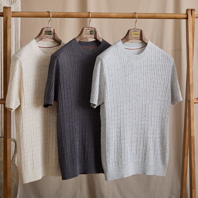 【HORN】百搭薄款夏季短袖圆领T恤男复古日系绞花针织透气体恤潮