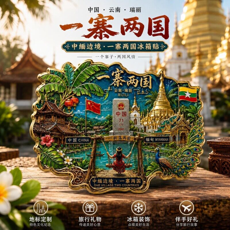 云南瑞丽城市文创亚克力冰箱贴一寨两国磁吸装饰旅游纪念品伴手礼