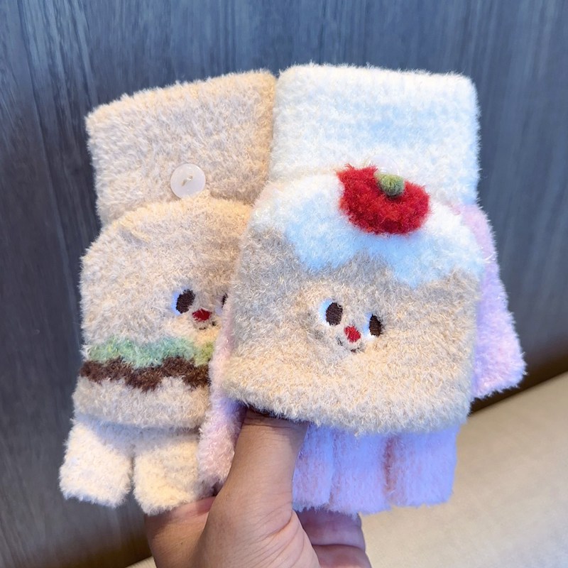 儿童手套半指翻盖针织毛线卡通