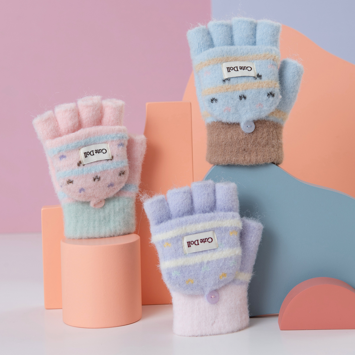 儿童手套半指翻盖卡通可爱冬季