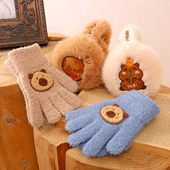 儿童耳罩手套套装 五指男童女孩冬季 卡通毛绒耳包大童骑行防风护耳