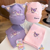 库洛米儿童帽子围脖套装 卡通针织毛线帽女孩护耳帽围巾 女童冬季