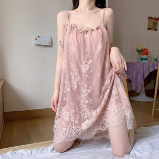 潮牌2025日系公主风甜美蕾丝网纱睡裙女夏季 提花吊带家居服 款 无袖