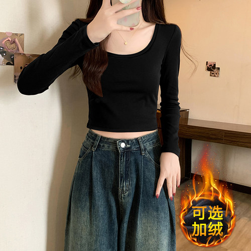 2025新款秋冬季黑色圆领打底衫女内搭加绒低领小个子短款长袖上衣