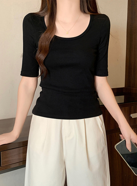 纯棉黑色低领中袖打底衫t恤女2025新款春秋季五七分袖大u领口上衣
